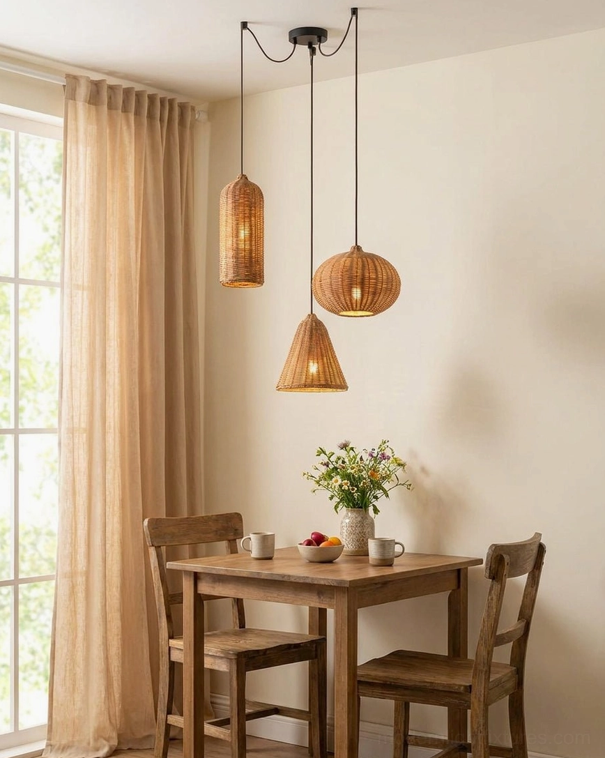 Rovena rattan pendant light fixture detail view showing hand-woven rattan shade construction and E27 metal cord drop mounting