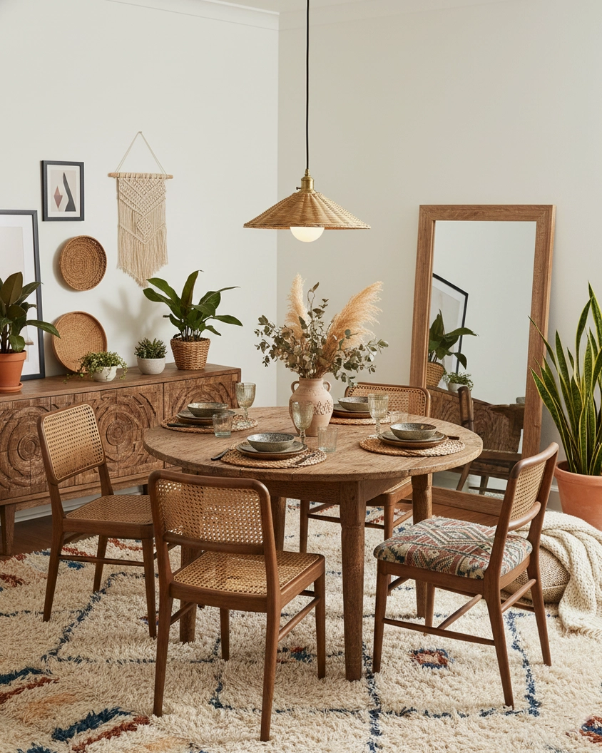 Natural rattan pendant light fixture installed in cozy dining nook with wooden table and rustic home decor