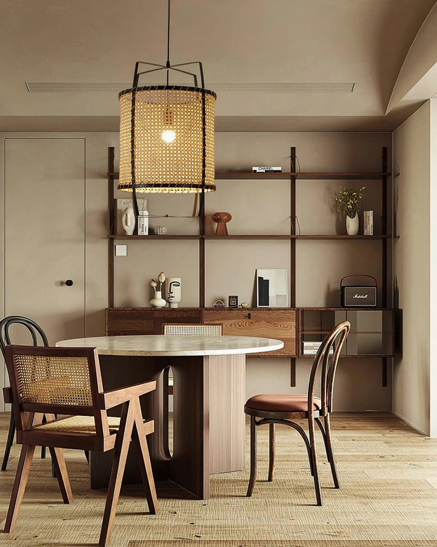 Handwoven rattan pendant light in warm-toned dining nook interior setting