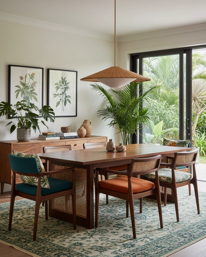 Natural rattan pendant lamp installed above dining table creating layered lighting and bohemian ambiance in farmhouse dining room