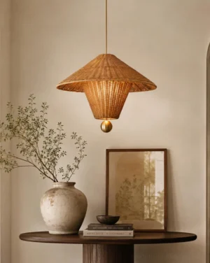 Rattan pendant light hanging over round dining table in warm neutral dining room with matte cream walls and rustic ambient decor