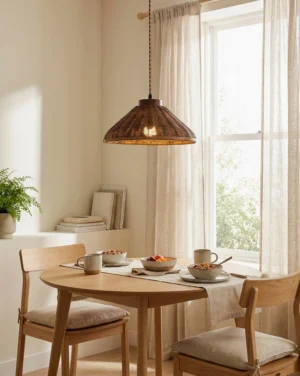 Rattan cone pendant light hanging above wooden dining table in residential dining room, warm ambient lighting