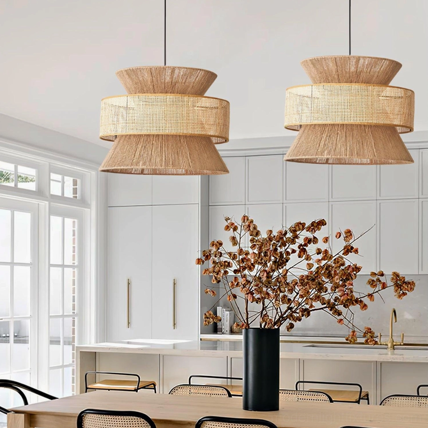 Rattan pendant light as artistic focal point in eclectic bohemian home interior design