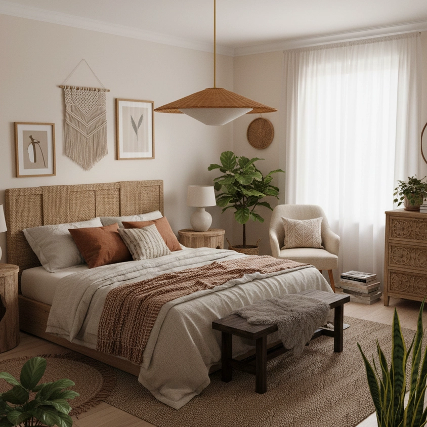 Natural rattan bohemian pendant light installed in farmhouse bedroom above bedside table, creating warm ambient lighting in neutral boho interior