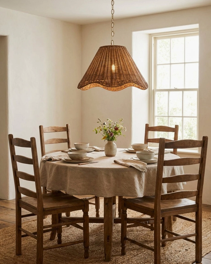 Hand-woven rattan pendant suspended over formal wooden dining room table complementing warm wood tones