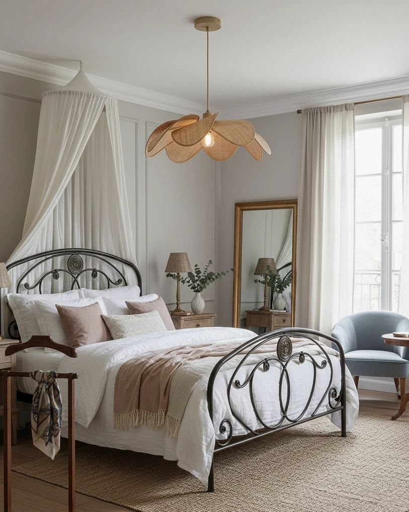 Natural rattan petal hanging lamp creating warm ambiance in French vintage bedroom with cozy neutral decoration