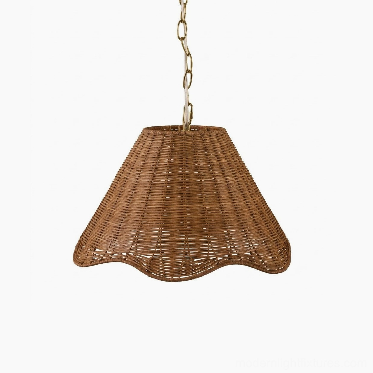 Front view hand-woven natural rattan pendant light with gold chain and scalloped wavy hem design detail