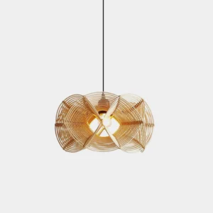 Handwoven natural rattan pendant light with intricate weave pattern and warm wood tone, front view on white background