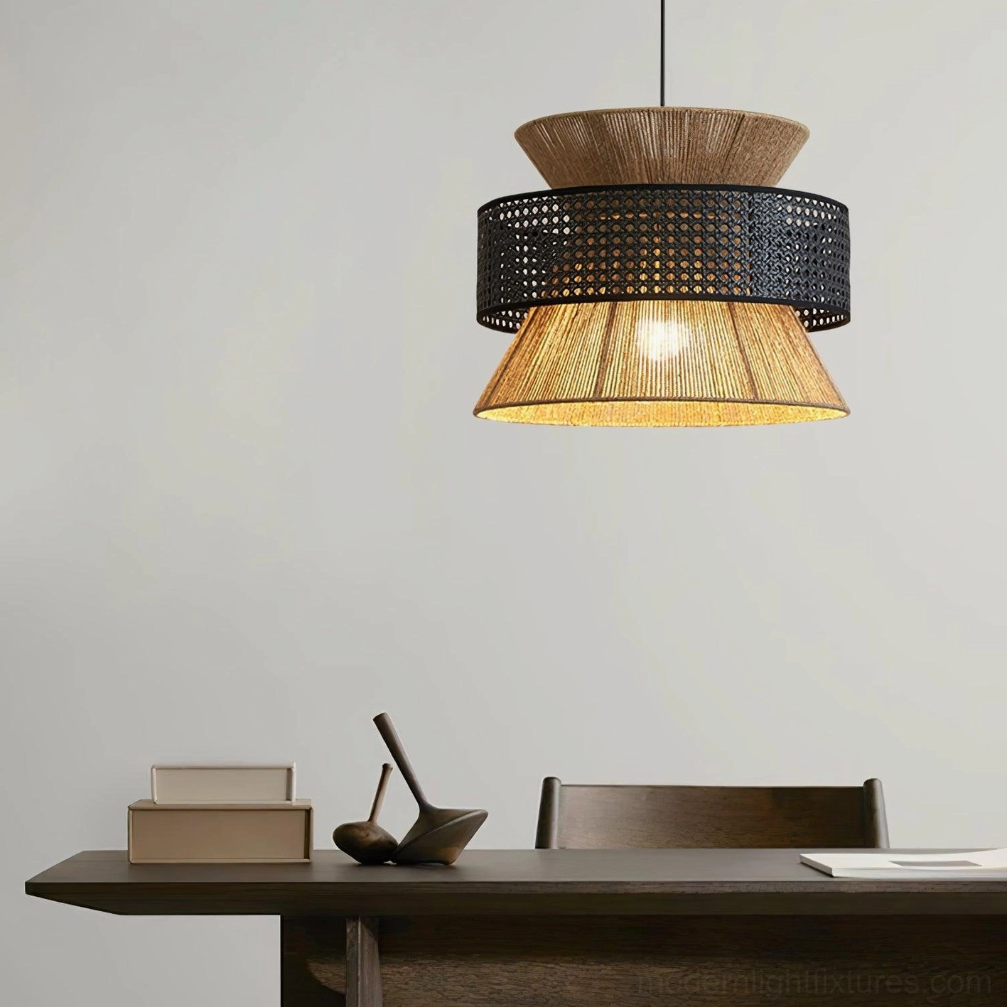 Rattan pendant light in home office providing non-glare functional aesthetic lighting