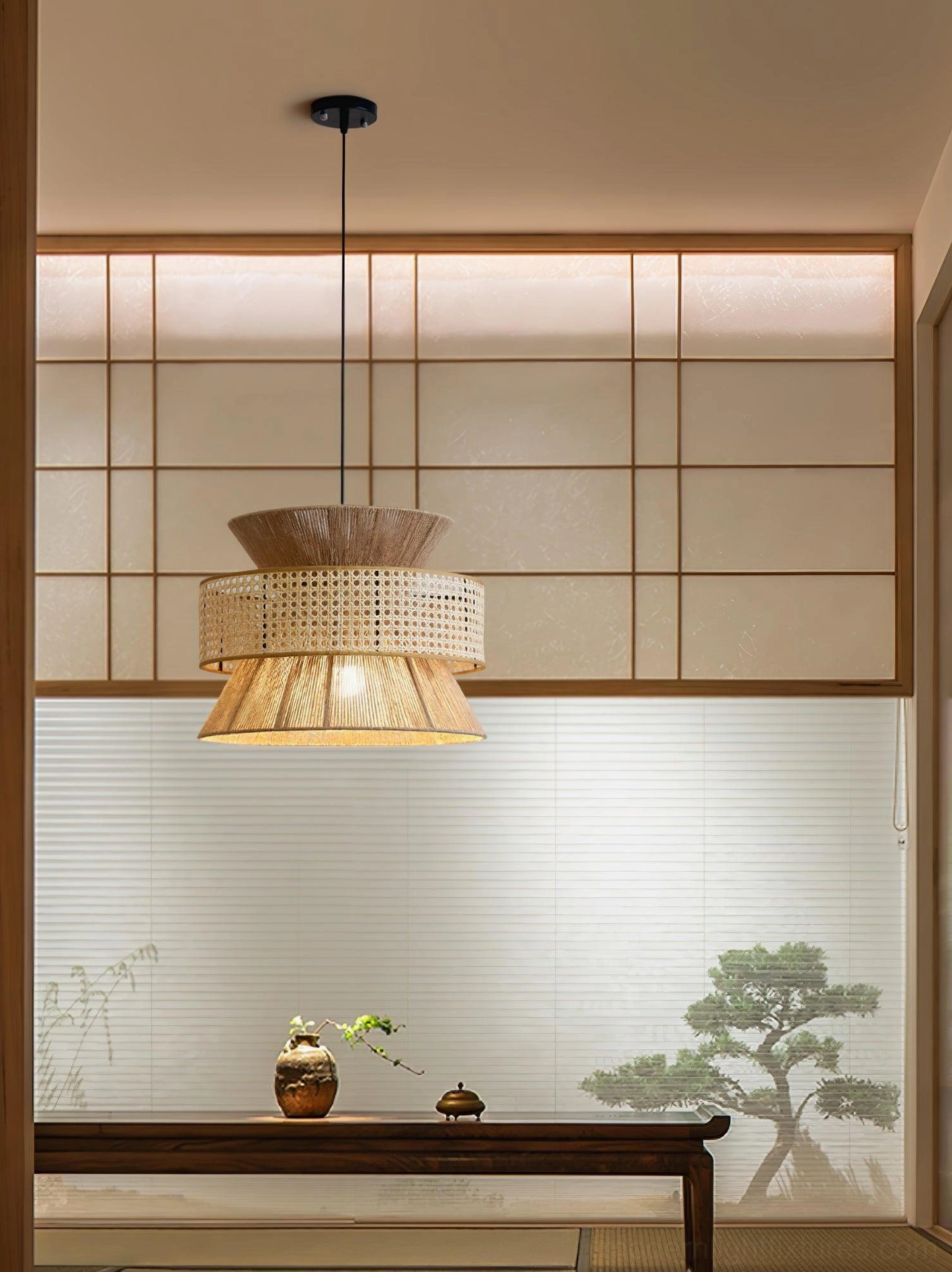 Rattan pendant lamp installed in contemporary home interior with soft diffused lighting effect