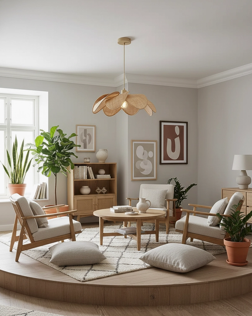 Japandi style living room featuring natural rattan petal pendant light above seating area with warm neutral tones