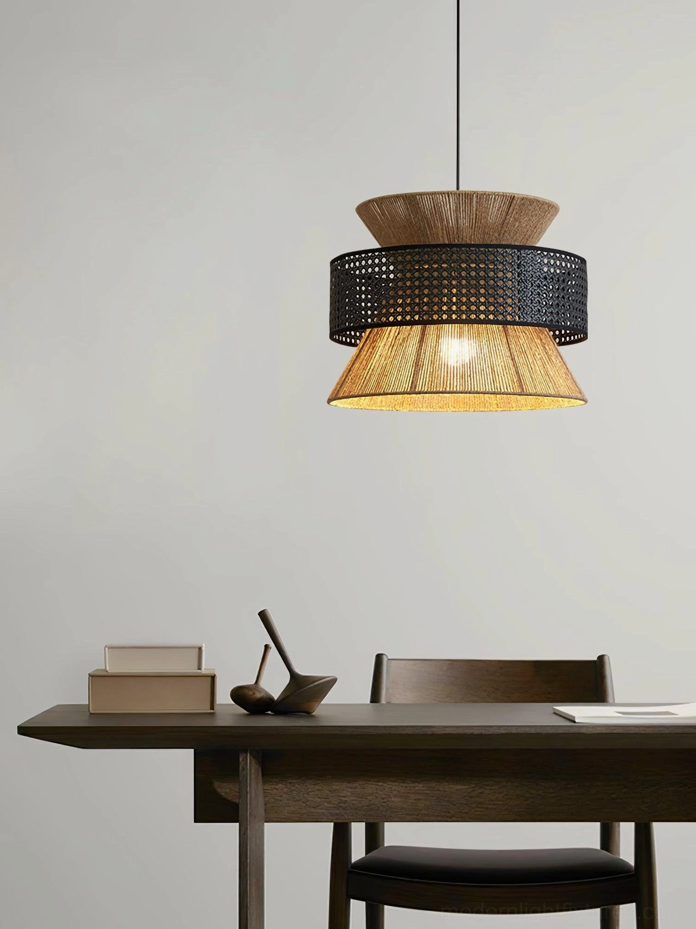 Rattan pendant light in japandi style interior with natural wood and organic textures