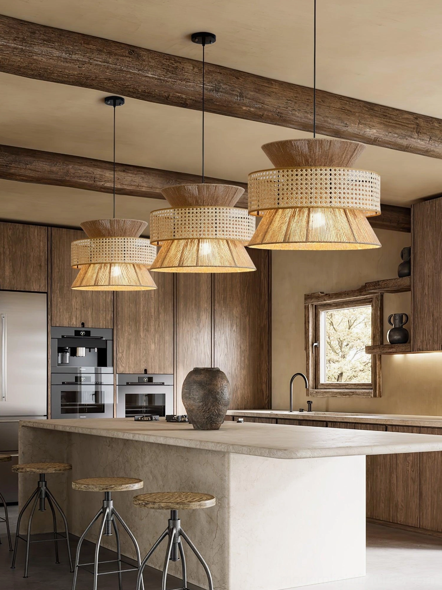 Rattan pendant lamp in kitchen island setting providing task lighting with botanical elegance