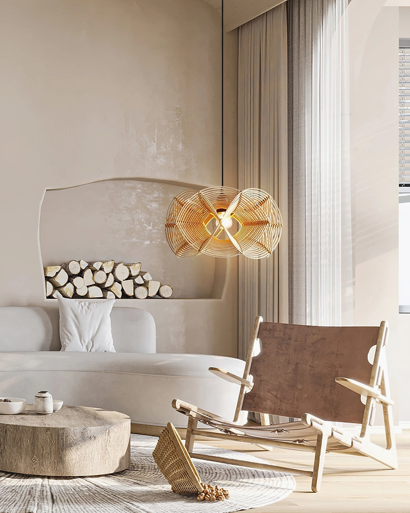 Single natural rattan pendant light installed above living room sofa creating warm ambient shadow patterns
