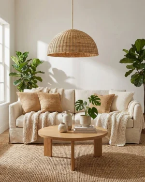 Natural rattan pendant light hanging in contemporary living room with warm ambient glow and woven shadow patterns