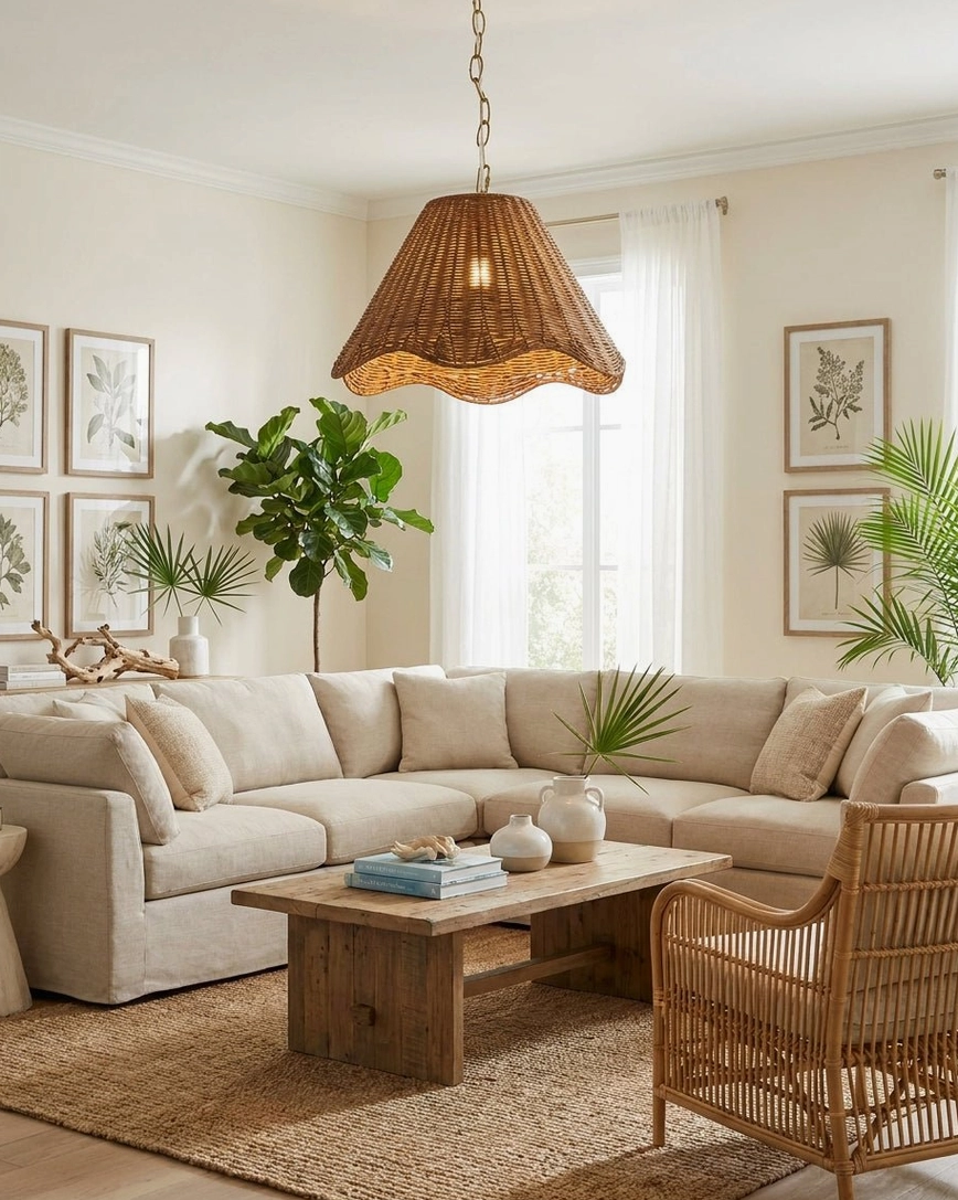 Natural rattan pendant light installed in warm neutral family living room creating soft textured ambient glow