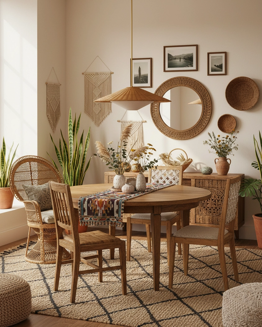 Natural rattan woven cone pendant light size comparison showing medium diameter option in styled interior setting