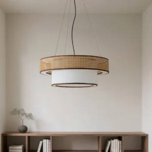 Boho rattan chandelier installed in minimalist living room with Japandi interior design, demonstrating warm ambient lighting and natural material aesthetic