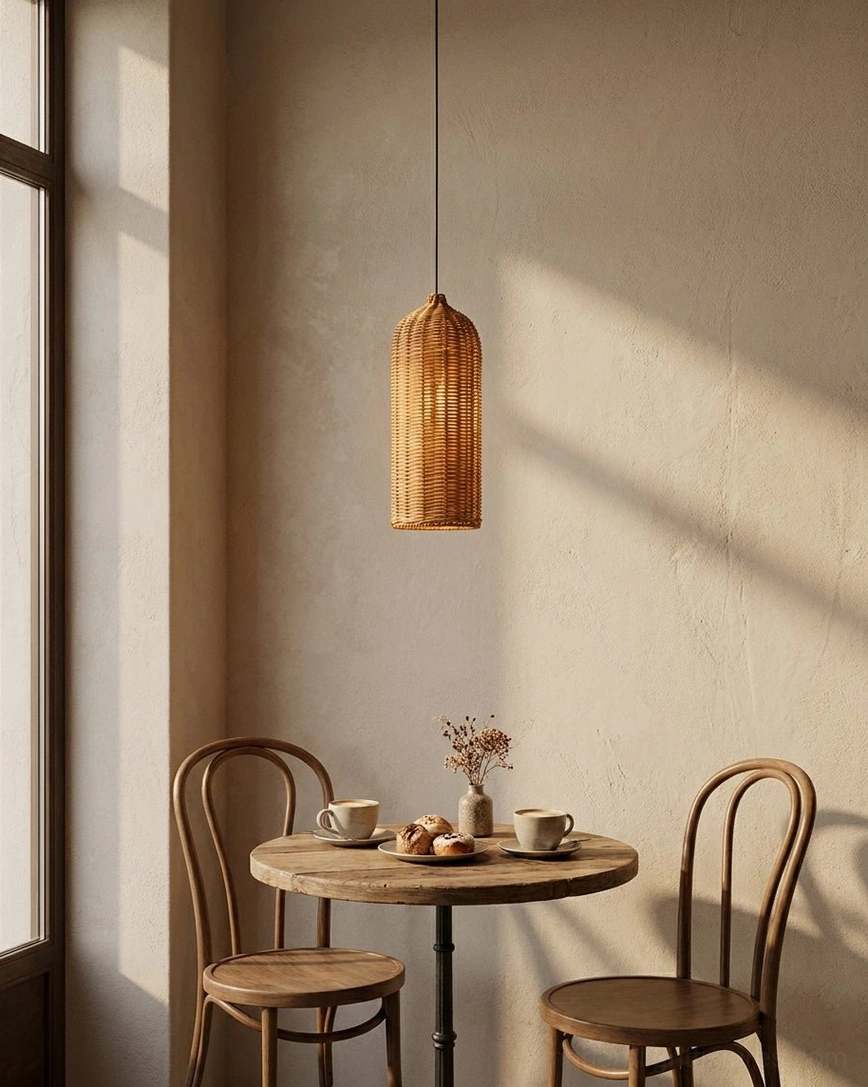 Rattan pendant light installed in modern minimalist space, showcasing soft warm ambient illumination and woven shadow patterns