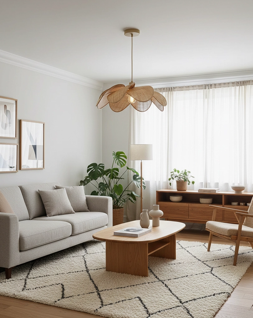 Modern boho hanging lamp in minimalist living room with neutral decor, warm ambient lighting from handwoven rattan shade