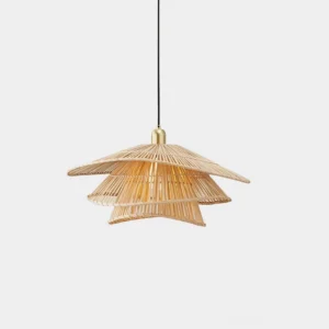 Hand-woven rattan pendant light close-up showing multi-tiered natural bamboo shade construction