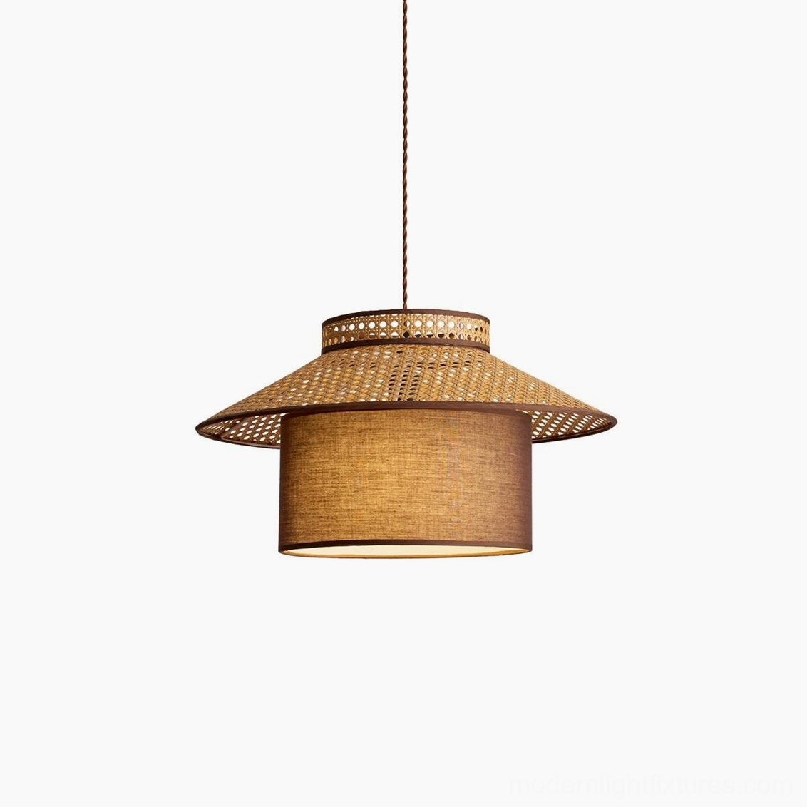 Rattan pendant light in neutral white and natural rattan, contemporary boho hanging lamp for modern interiors