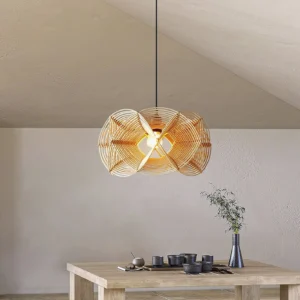 Overhead view of rattan pendant lamp showing detailed weave structure and exposed E26 E27 bulb socket in minimalist dining setting
