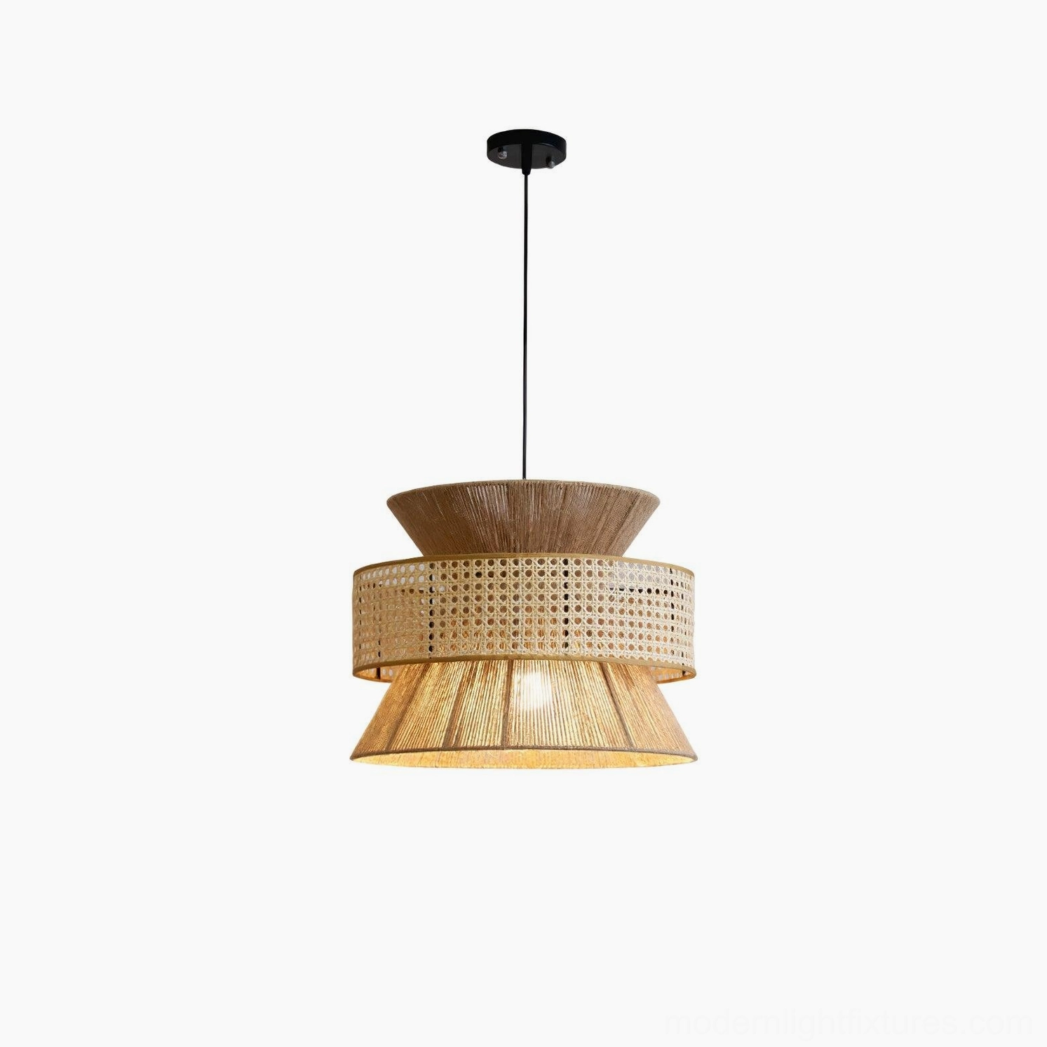 Rattan pendant light creating atmospheric shadow patterns on wall and surface from layered shade