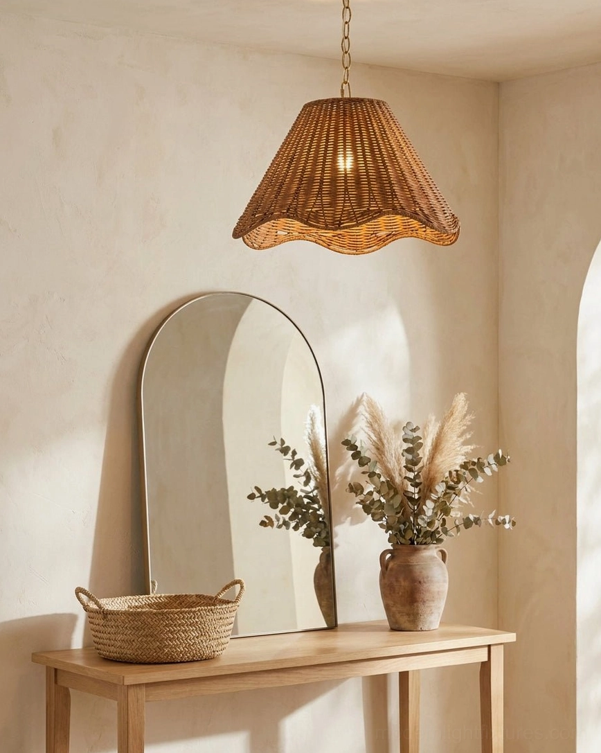 Scalloped rattan pendant light casting warm shadow patterns on ceiling and walls in dining space