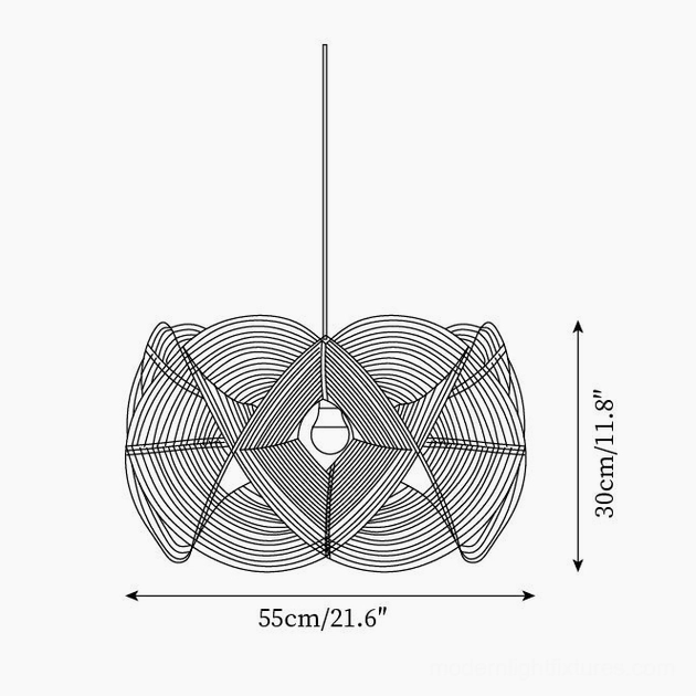 Rattan pendant light technical specification diagram showing 55cm diameter and 30cm height measurements