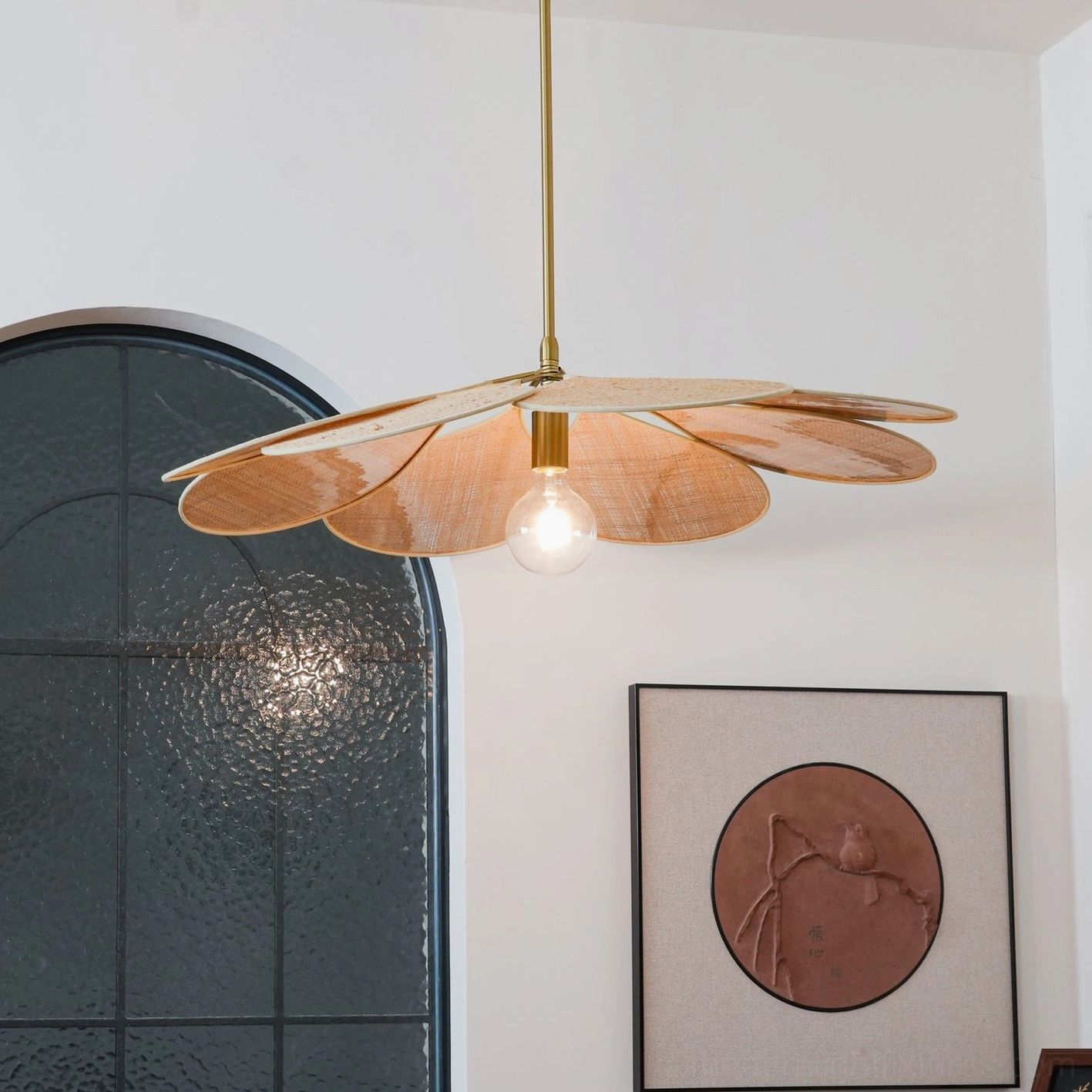 Rattan pendant light showing size options and scale in different residential room settings