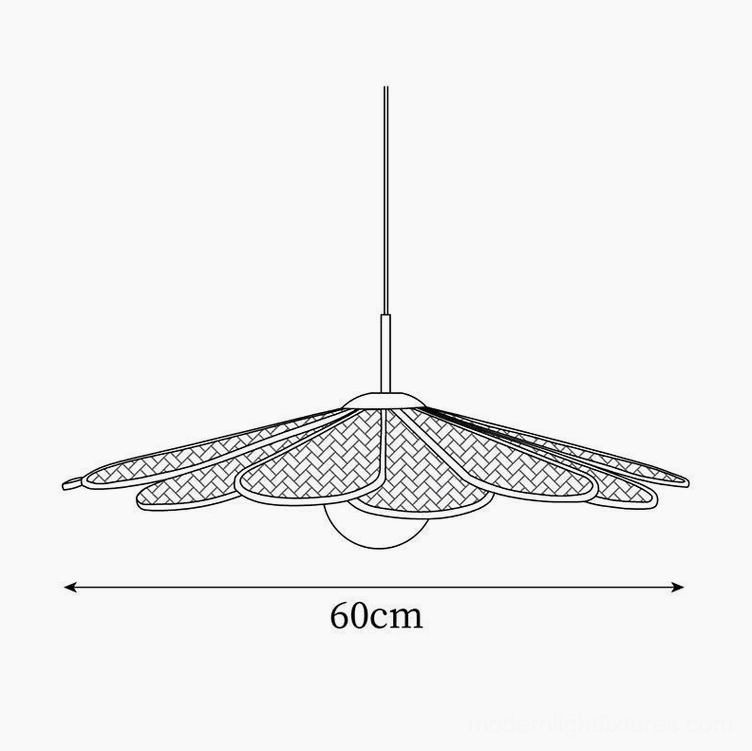 Tropicana rattan pendant light technical schematic showing 60cm diameter flower-petal structure