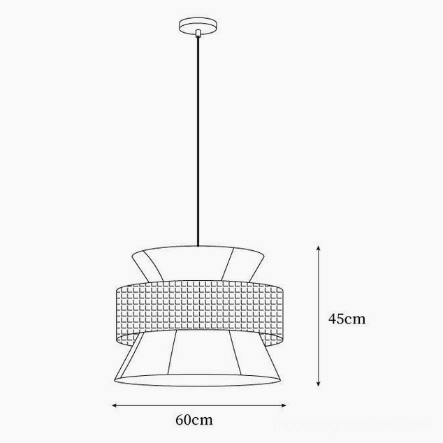 Technical specification drawing of rattan pendant light showing diameter and height measurements
