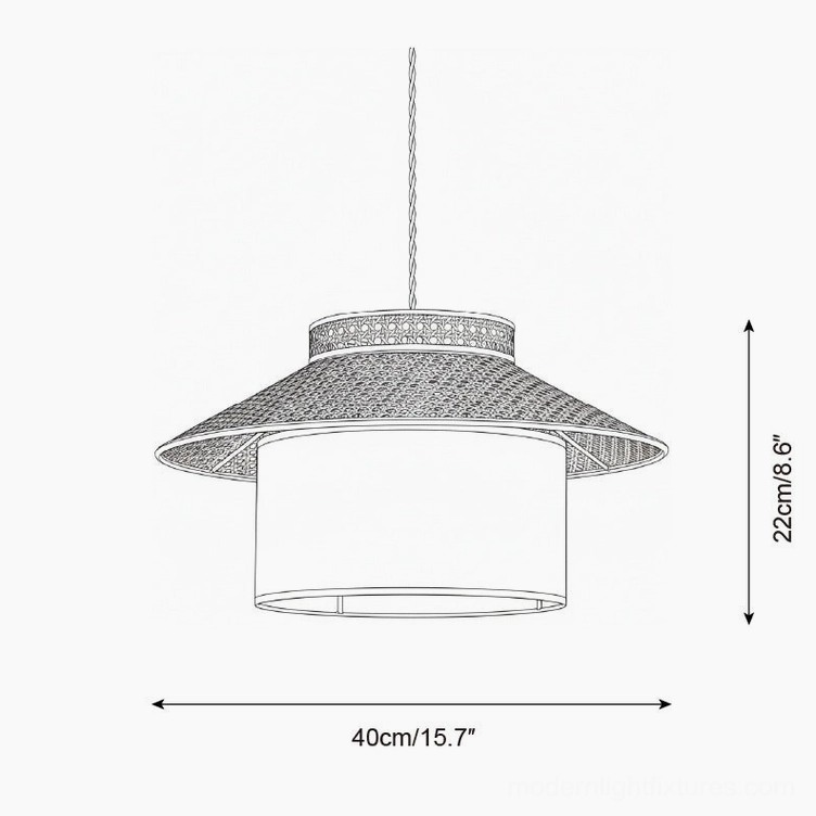 Rattan pendant light technical line drawing orthographic view small size 40cm diameter 22cm height