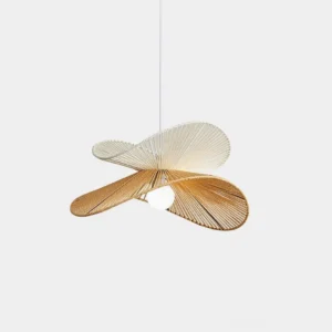 Handwoven rattan pendant light with asymmetrical petal shade and dual-tone woven hemp rope texture