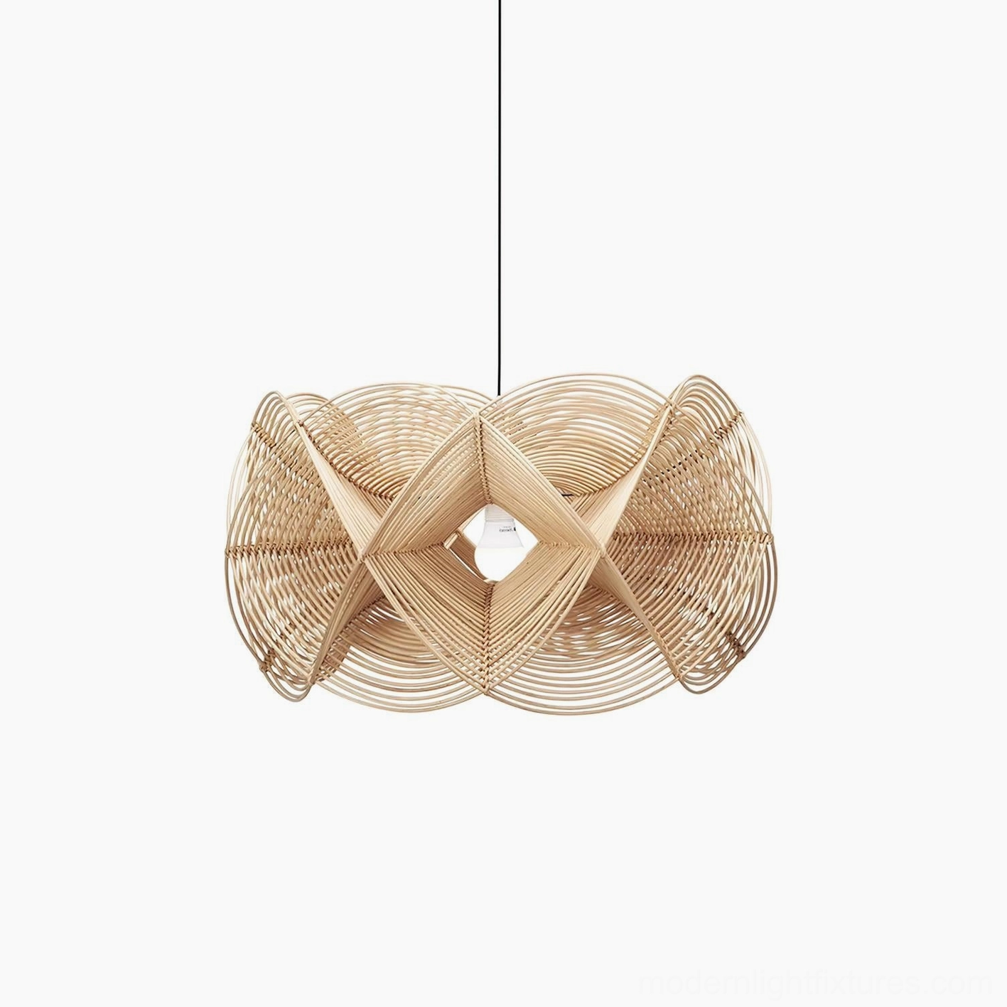 Warm glowing rattan pendant light creating ambient lighting effect in contemporary dining or kitchen space