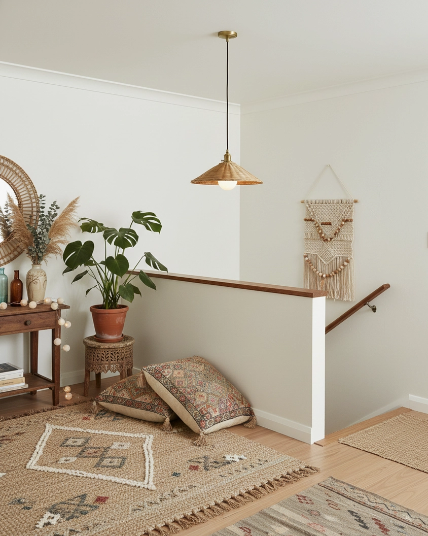 Close-up of natural rattan weave texture and gold metal hardware components of pendant fixture