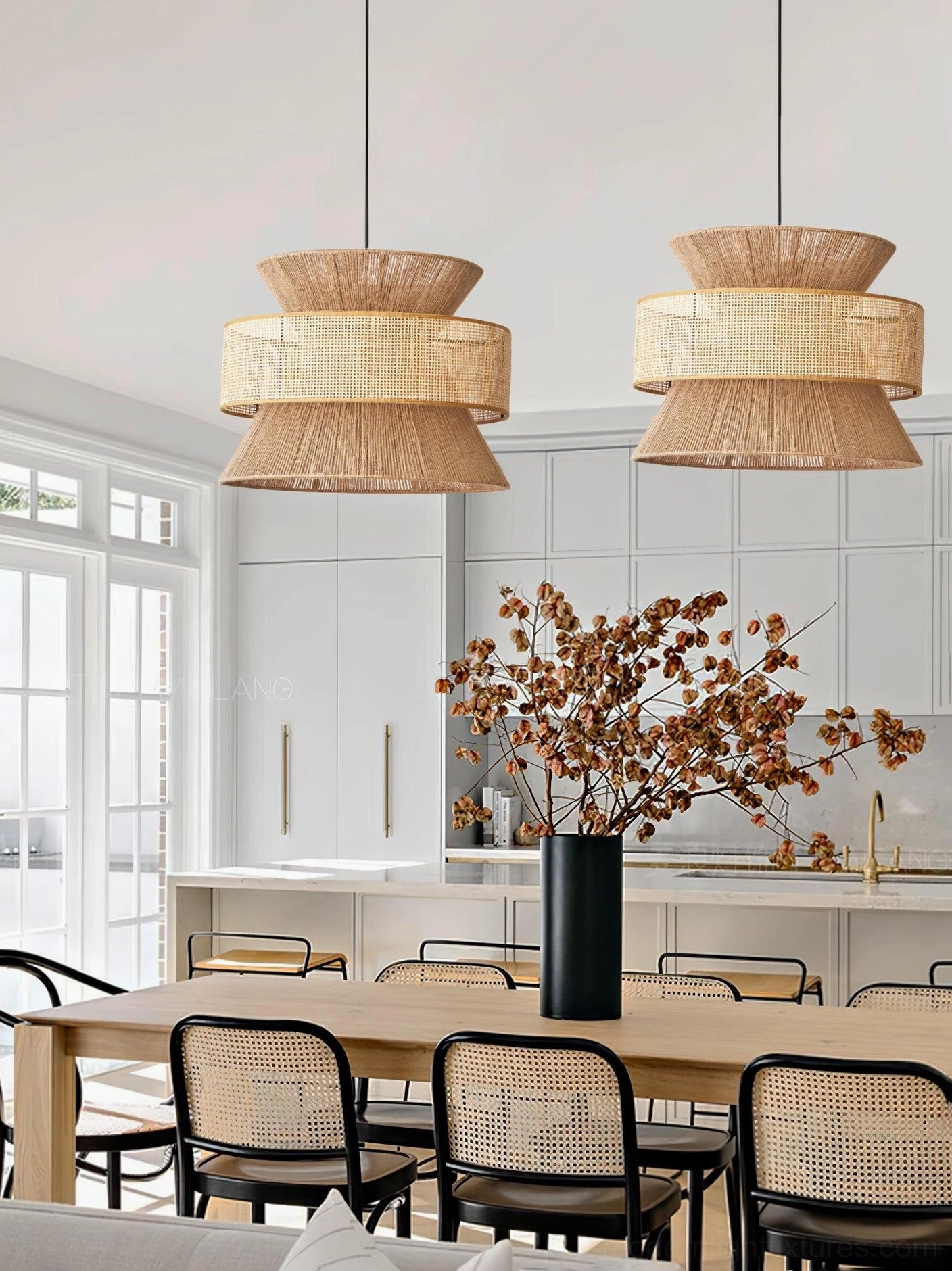 Closeup of natural rattan woven shade texture on pendant light with warm ambiance