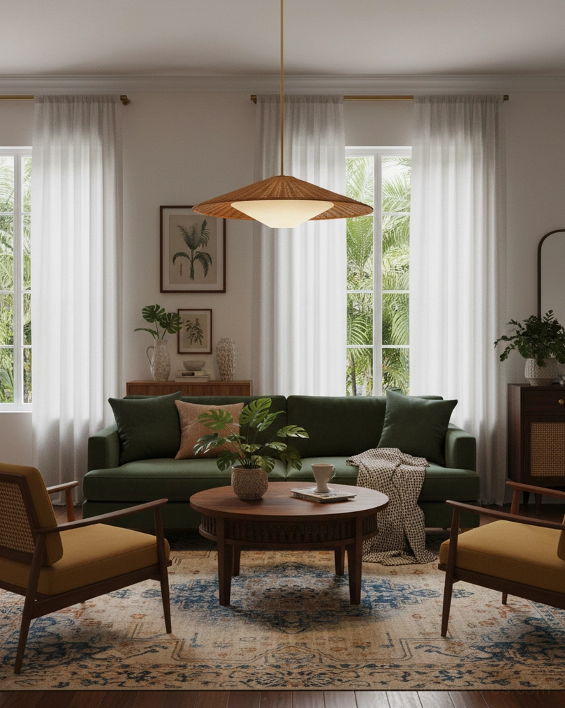 Multiple natural rattan woven pendant lights installed in sunlit bohemian living room creating warm ambient lighting and textural focal points