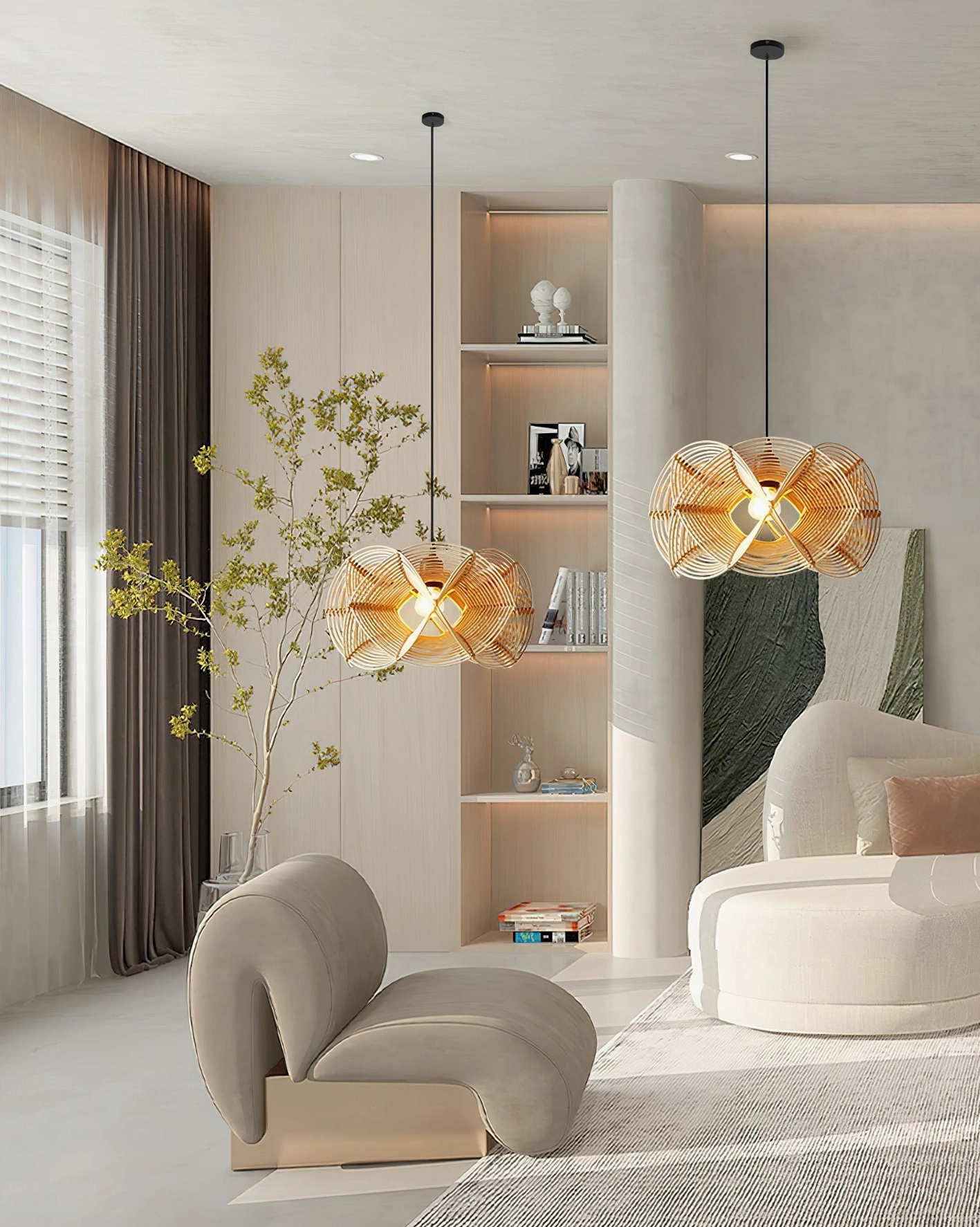 Pair of woven rattan pendant lamps in modern minimalist lounge with curved seating and indoor plants