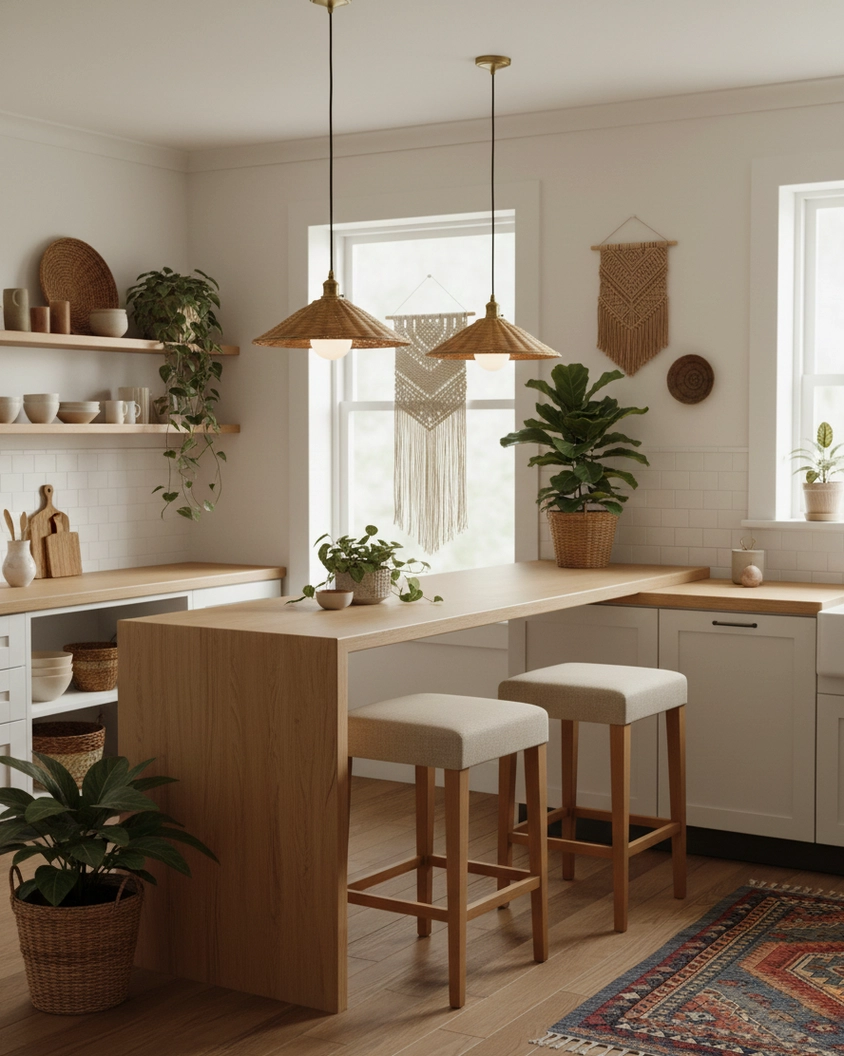 Pair of natural rattan pendant lights installed in farmhouse kitchen above wooden island with bar stools