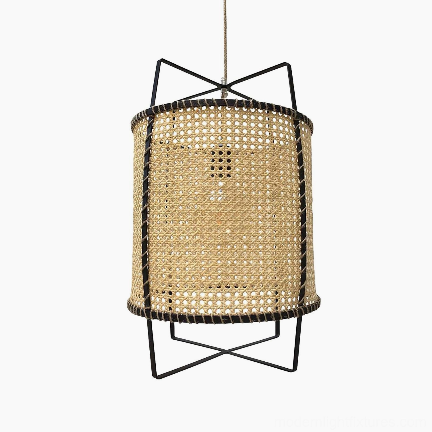 Multiple matching rattan pendant lights in commercial restaurant with long wooden table