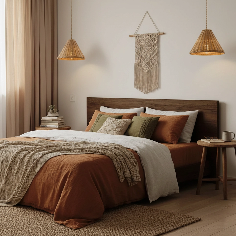 Two rattan pendant lights providing warm ambient lighting in master bedroom with neutral boho decor
