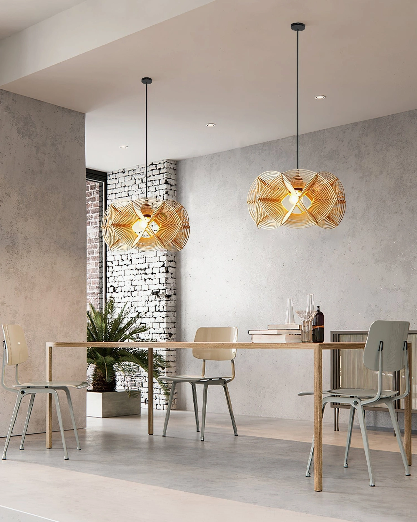 Pair of matching natural rattan pendant lights hanging over rustic modern dining table with wooden seating