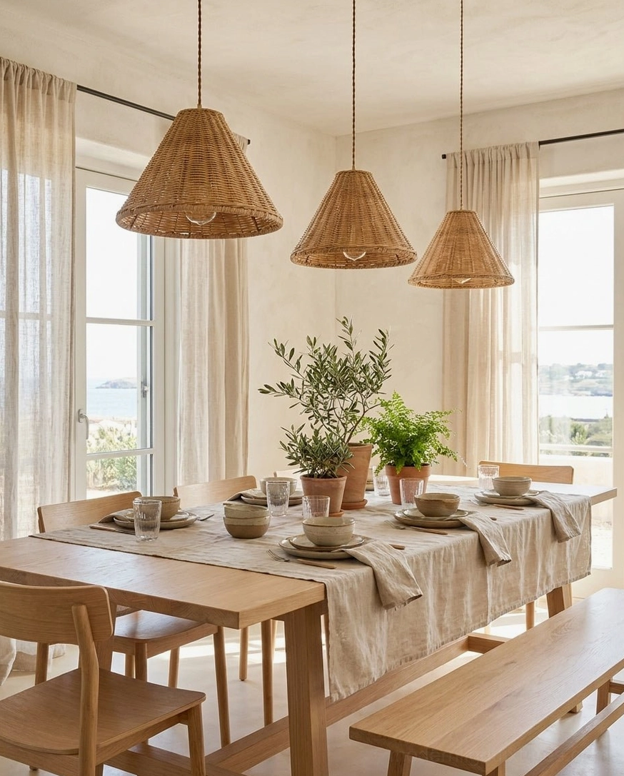 Multiple rattan pendant lights hanging above wooden dining table in seaside dining room with natural daylight