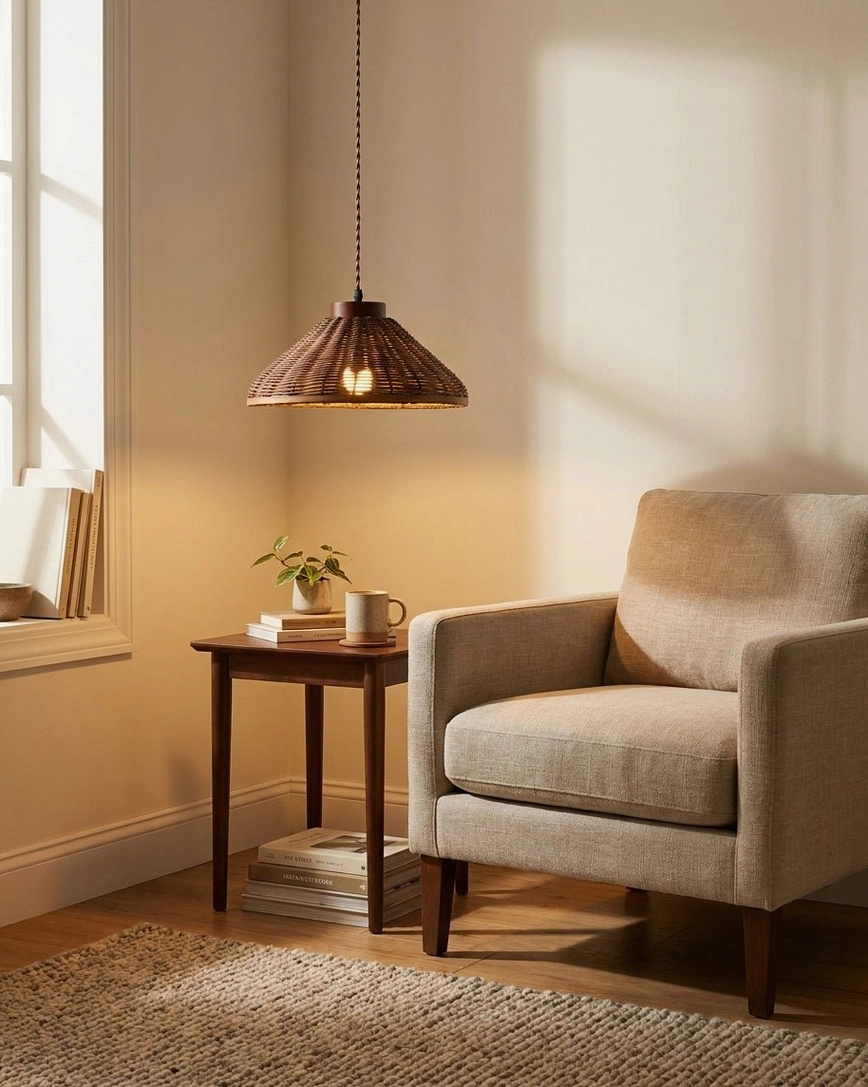 Woven rattan pendant light hanging in modern living room beside upholstered chair and side table