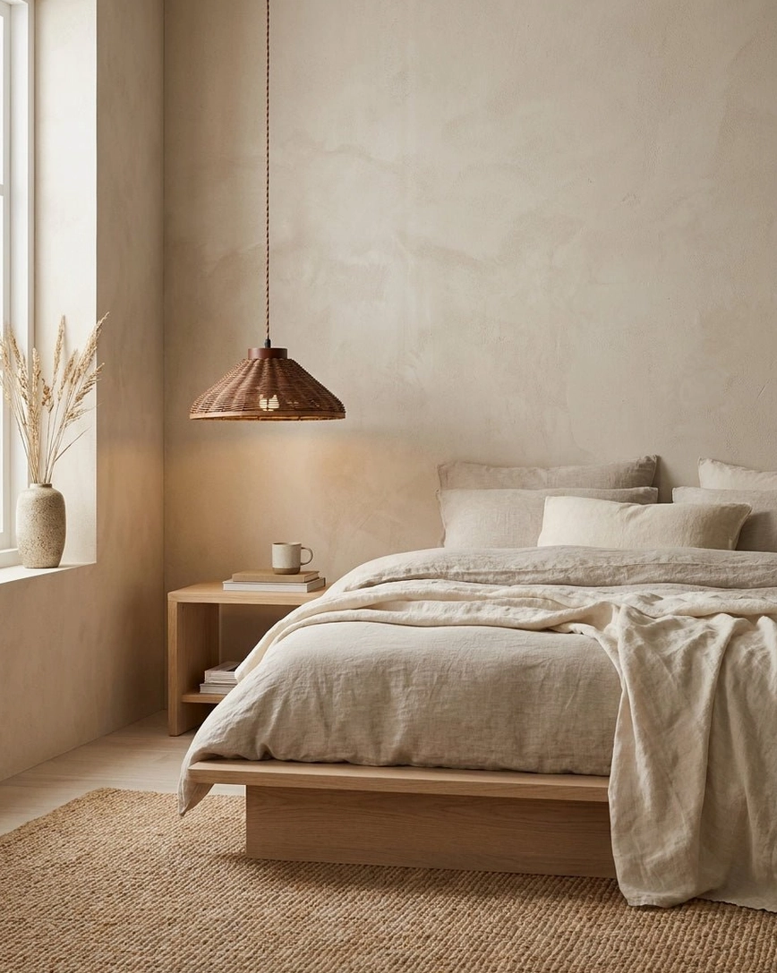 Dark walnut handwoven rattan pendant lighting master bedroom corner, warm layered light effect