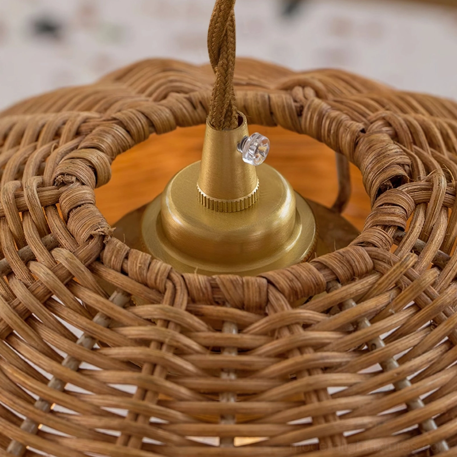 Natural rattan pendant fixture as focal point in minimalist Scandinavian and modern interior design