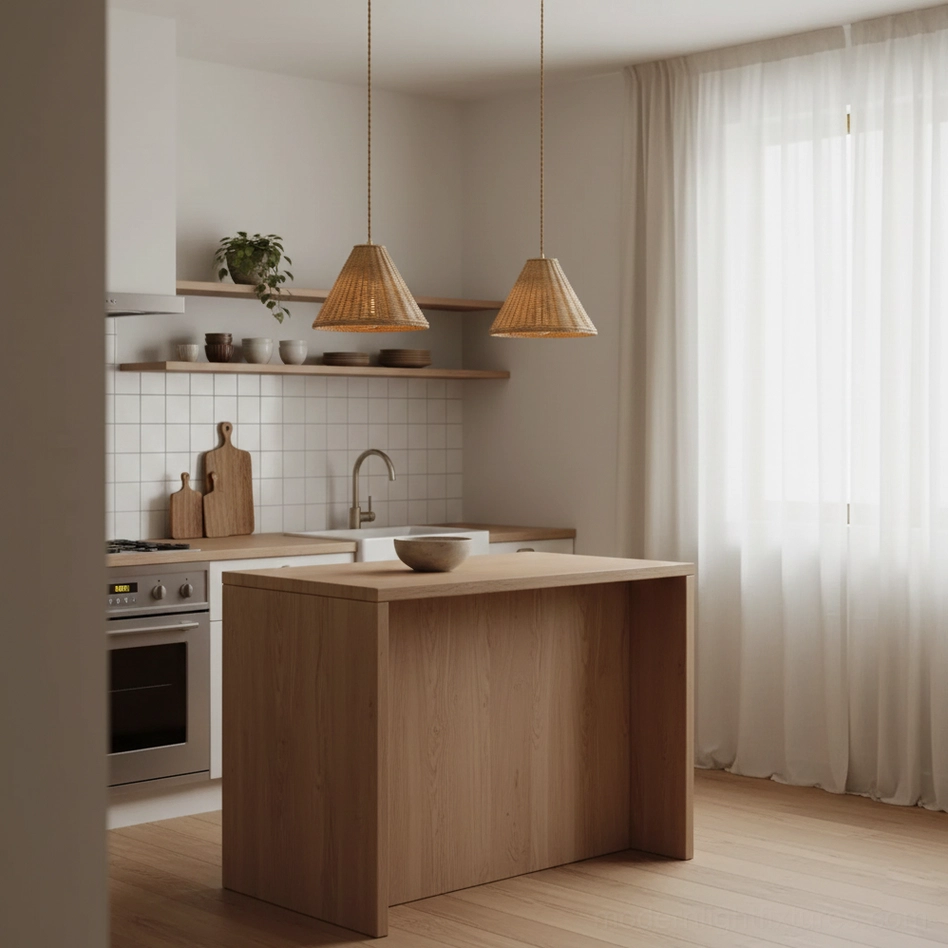Pair of natural rattan woven pendant lamps above kitchen island with modern wood cabinetry and minimalist boho styling