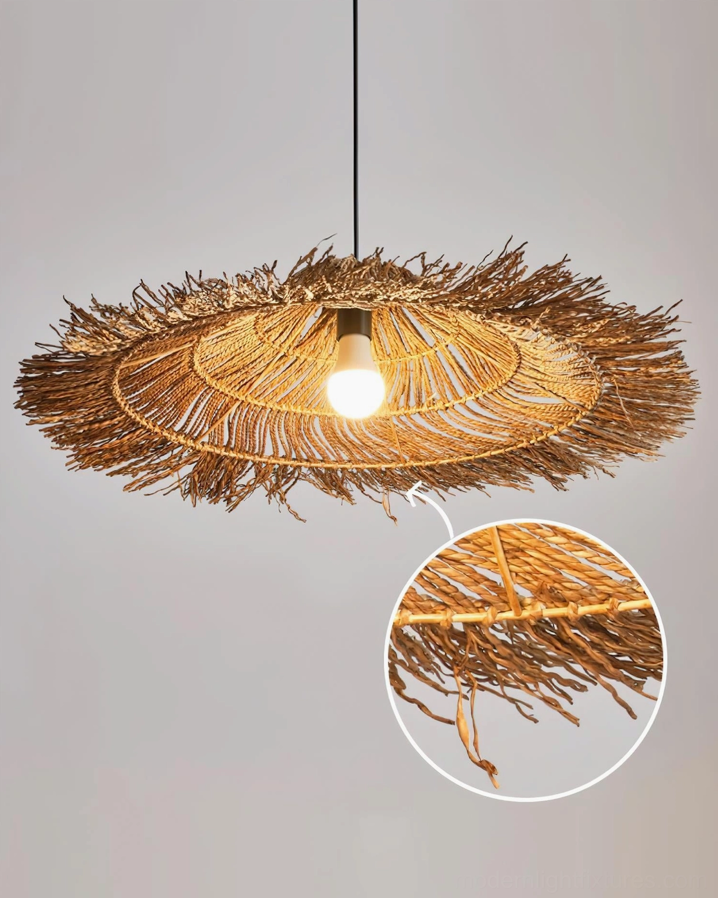 Rattan pendant light installed in minimalist Scandinavian interior with wooden accents, soft ambient lighting